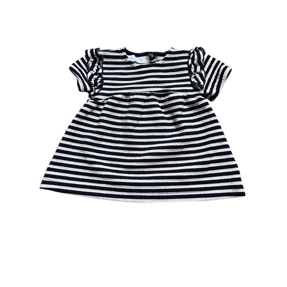 Zara Baby Girl Navy Striped Ruffle Sleeve Dress Size 3-6‎ Mo nautical infant